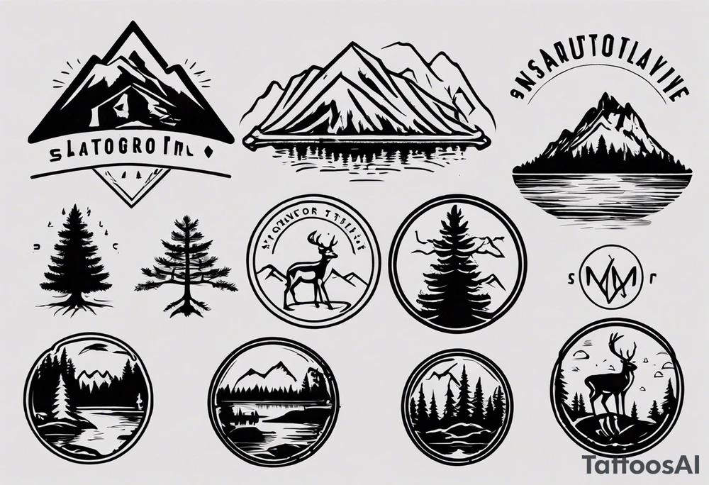 A logo for an outdoors company that includes an "S" and an "M". Includes a mountain, a lake, some trees, and a deer tattoo idea