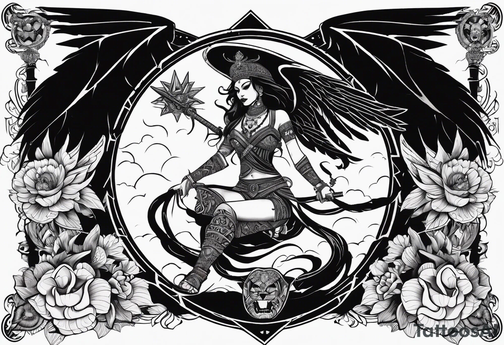 black kali, goddess pirate, alien, angel, pachamama, valkrye, warrior, flying, skull, lotus azul, wing, eagle, zenza resonance, stars, 5D, anahata chakra, death, durga, riding on a tiger, flying lady tattoo idea