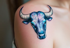 Cosmic Bull Head – Starry-textured bull hide in midnight blue and violet, speckled with faint constellations, and horns made of cracked white stone. tattoo idea