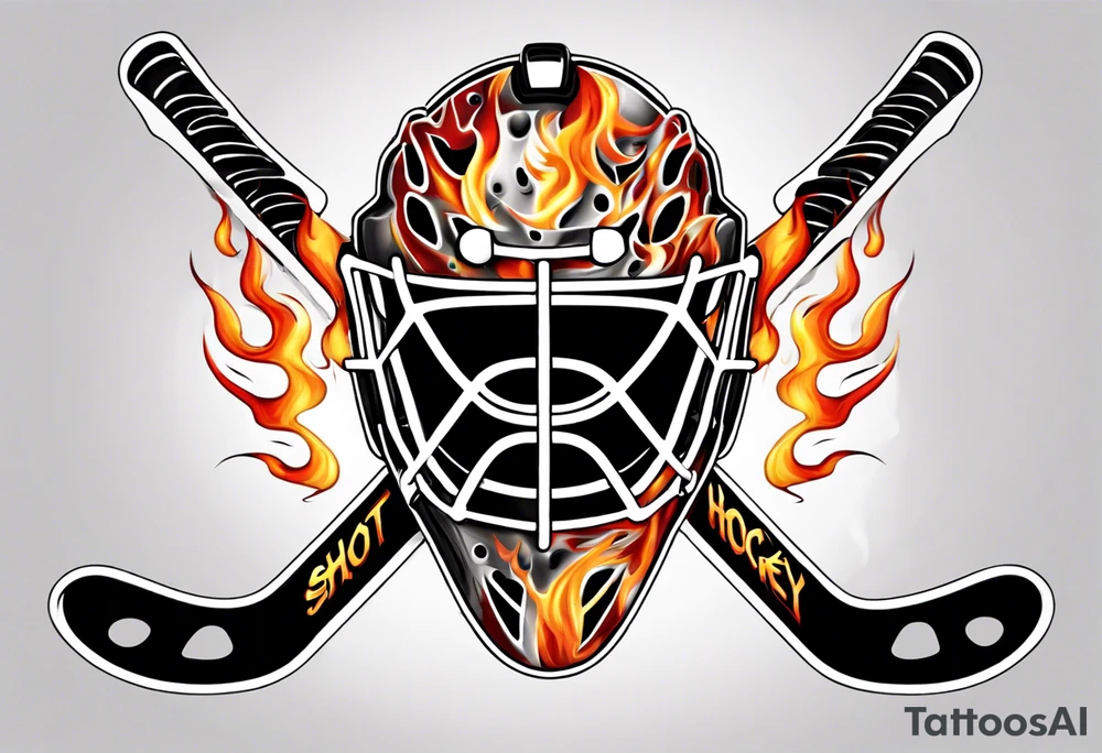 a goalie mask with crossed hockey sticks and flames saying "SHOT HOCKEY" tattoo idea