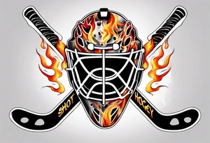 a goalie mask with crossed hockey sticks and flames saying "SHOT HOCKEY" tattoo idea