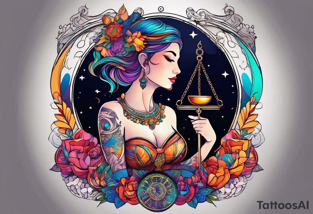 Libra woman holding scales with a night zodiac background including a half moon that encircles half of the woman with vibrant colors tattoo idea