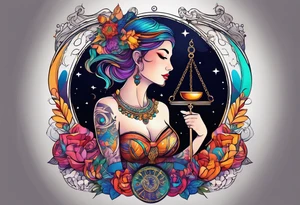 Libra woman holding scales with a night zodiac background including a half moon that encircles half of the woman with vibrant colors tattoo idea