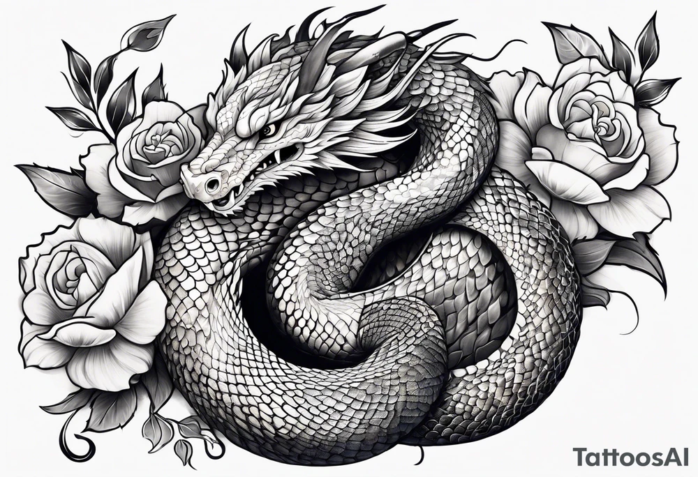 Snake dragon with flowers tattoo idea