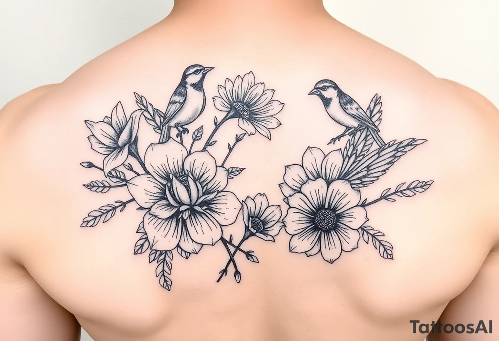 Different flowers with different birds surrounding them. Black and white tattoo idea Different flowers with different birds surrounding them. Black and white tattoo idea