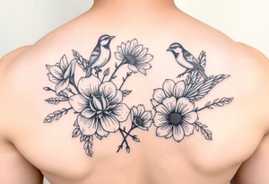 Different flowers with different birds surrounding them. Black and white tattoo idea