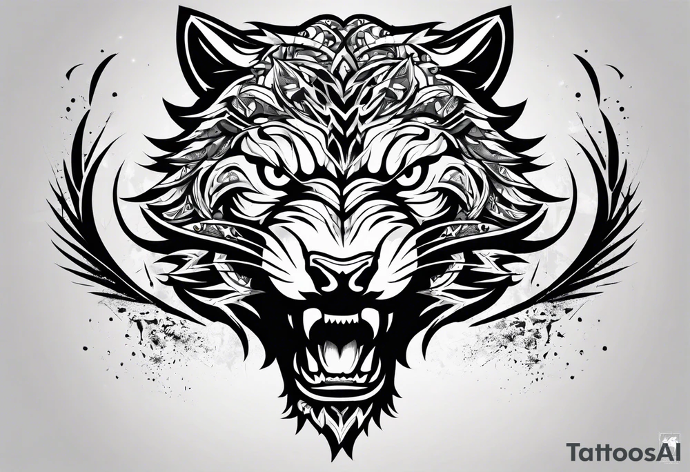 A tattoo designed for the knee, featuring the face of a feral beast with wild, exaggerated features, such as sharp fangs, intense eyes, and a snarling expression. The design incorporates large areas of white space for contrast, with beams of light or energy radiating outward from the beast’s eyes in a chaotic and powerful pattern. The overall look should be bold and primal, with flowing lines that adapt naturally to the curvature of the knee. tattoo idea
