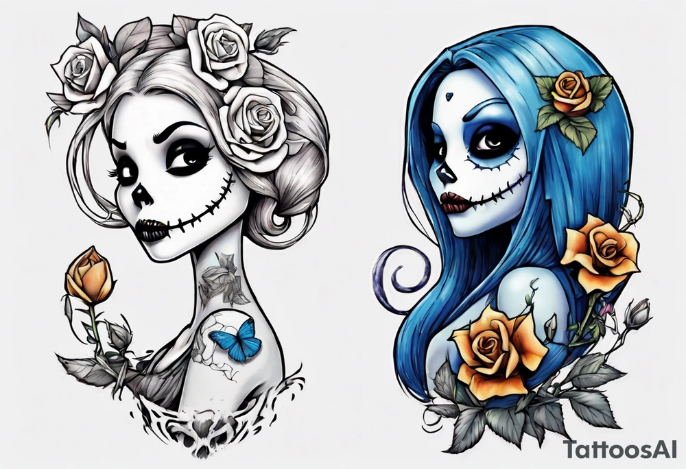 Nightmare before Christmas Sallyholding a flower. With a blue butterfly flying around her. tattoo idea