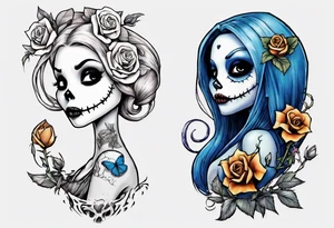 Nightmare before Christmas Sallyholding a flower. With a blue butterfly flying around her. tattoo idea