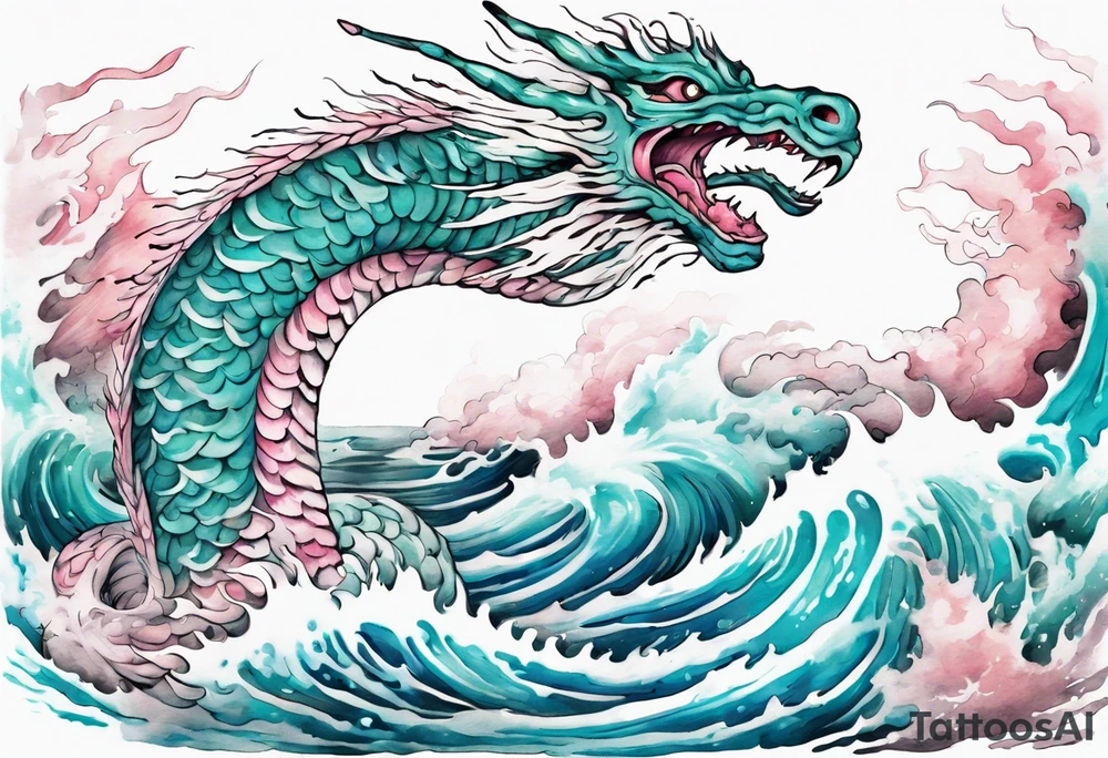 a turquoise and white and pink feathered sea serpent emerging from the stormy sea, kind and beautiful tattoo idea