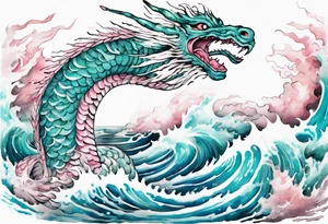 a turquoise and white and pink feathered sea serpent emerging from the stormy sea, kind and beautiful tattoo idea