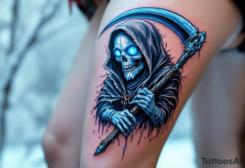 A blue-hued Grim Reaper with ice-crystal eyes, gripping a frost-covered scythe. tattoo idea