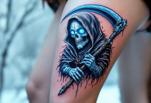 A blue-hued Grim Reaper with ice-crystal eyes, gripping a frost-covered scythe. tattoo idea