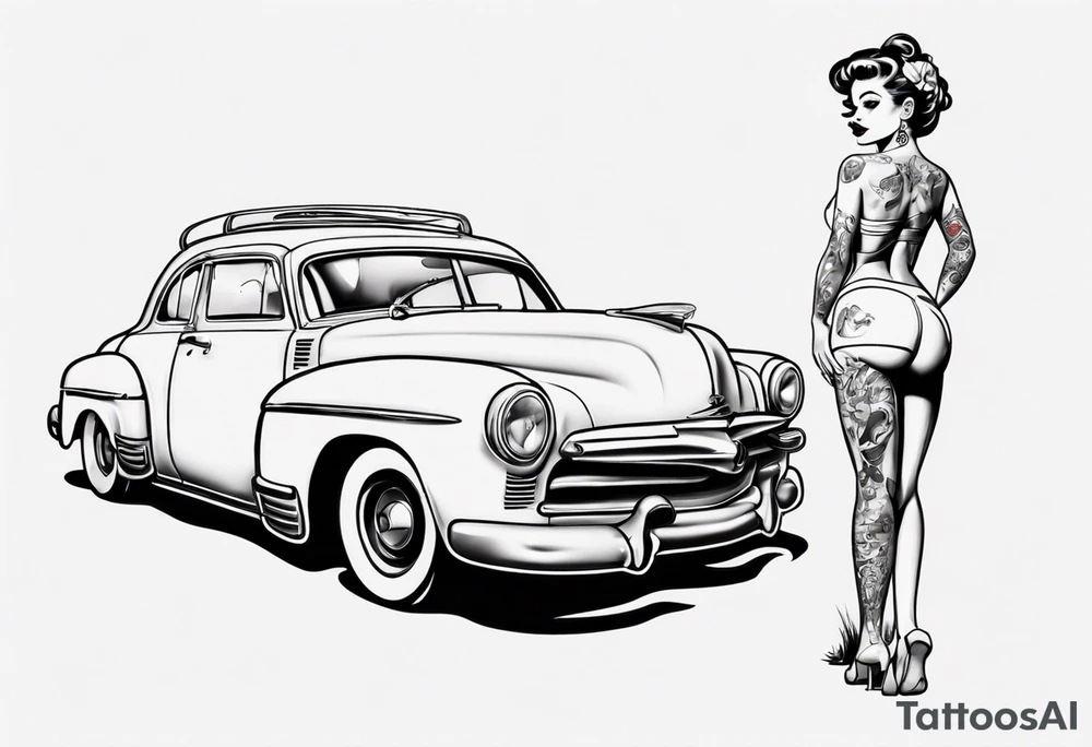 Pinup doll standing next to an old car along the beach tattoo idea