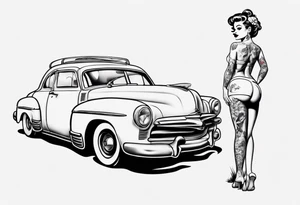Pinup doll standing next to an old car along the beach tattoo idea