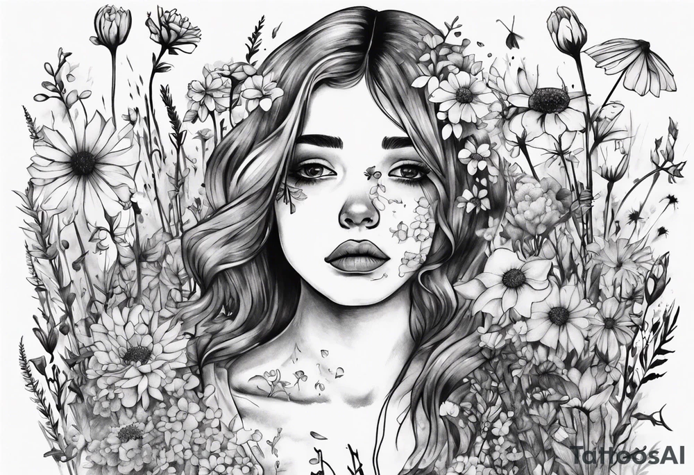 Depressed girl in flowers meadow tattoo idea