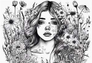Depressed girl in flowers meadow tattoo idea