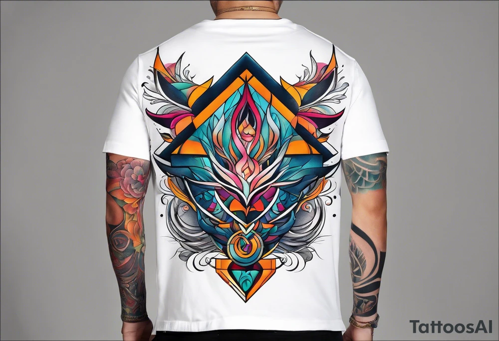 Bold geometric tapestry trident in colour on arm tattoo idea