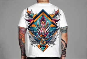 Bold geometric tapestry trident in colour on arm tattoo idea