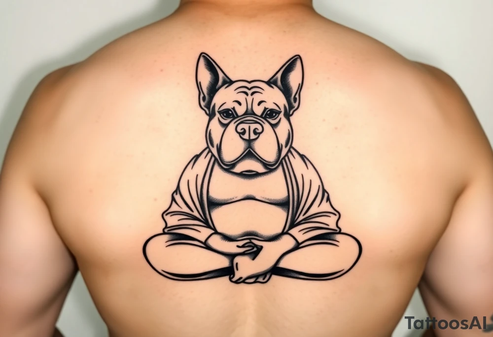 Meditating fat Buddha with happy pitbull head with floppy ears tattoo idea