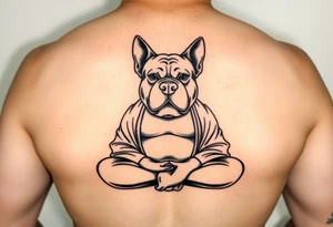 Meditating fat Buddha with happy pitbull head with floppy ears tattoo idea
