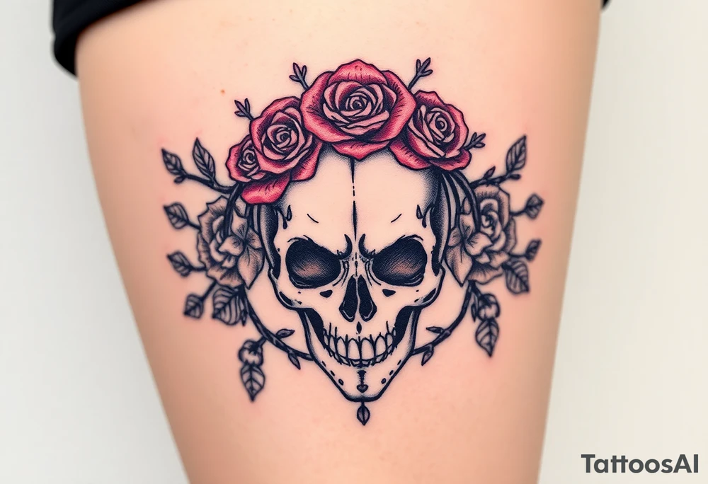 ornate skull adorned with crown of wild roses and thorns tattoo idea