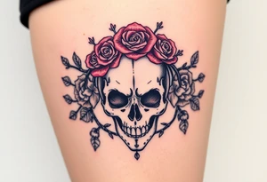 ornate skull adorned with crown of wild roses and thorns tattoo idea