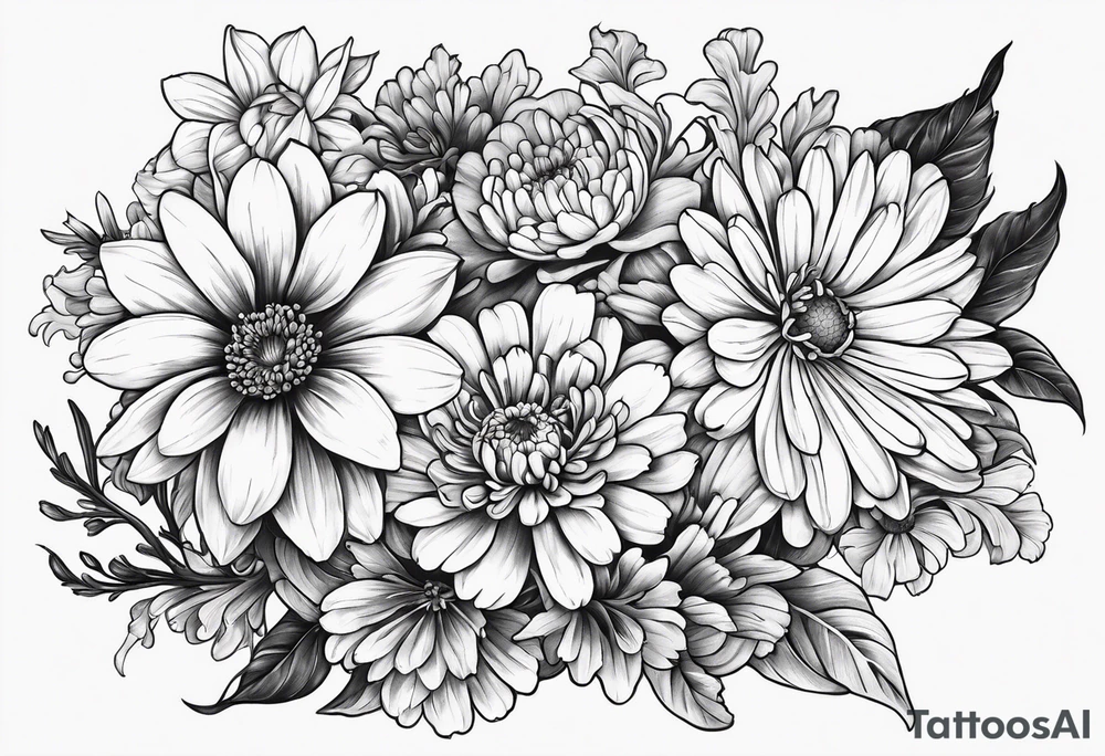 marigold, chrysanthemum, and 
narcissus side by side tattoo idea