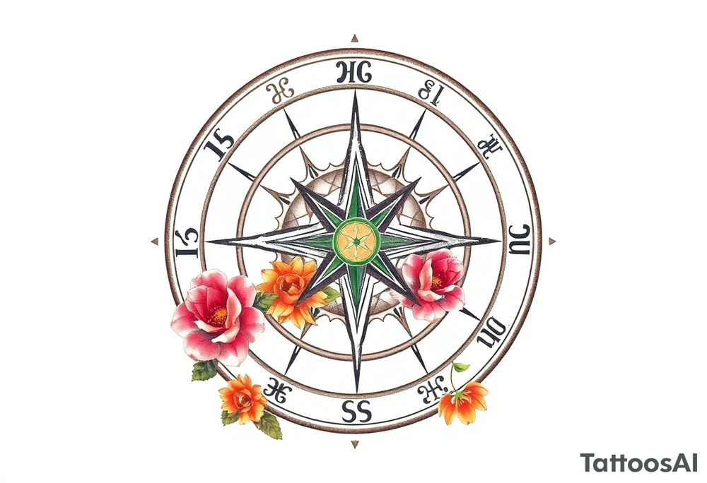zodiac symbols the elements and Norse runes within ornate compass with roses lilly sunflowers tattoo idea