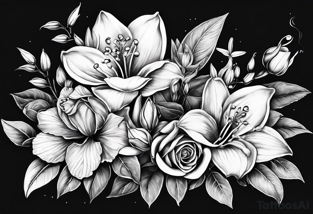 Rose, orchid, lily of the valley, dog wood tattoo idea