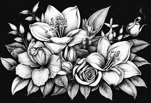 Rose, orchid, lily of the valley, dog wood tattoo idea