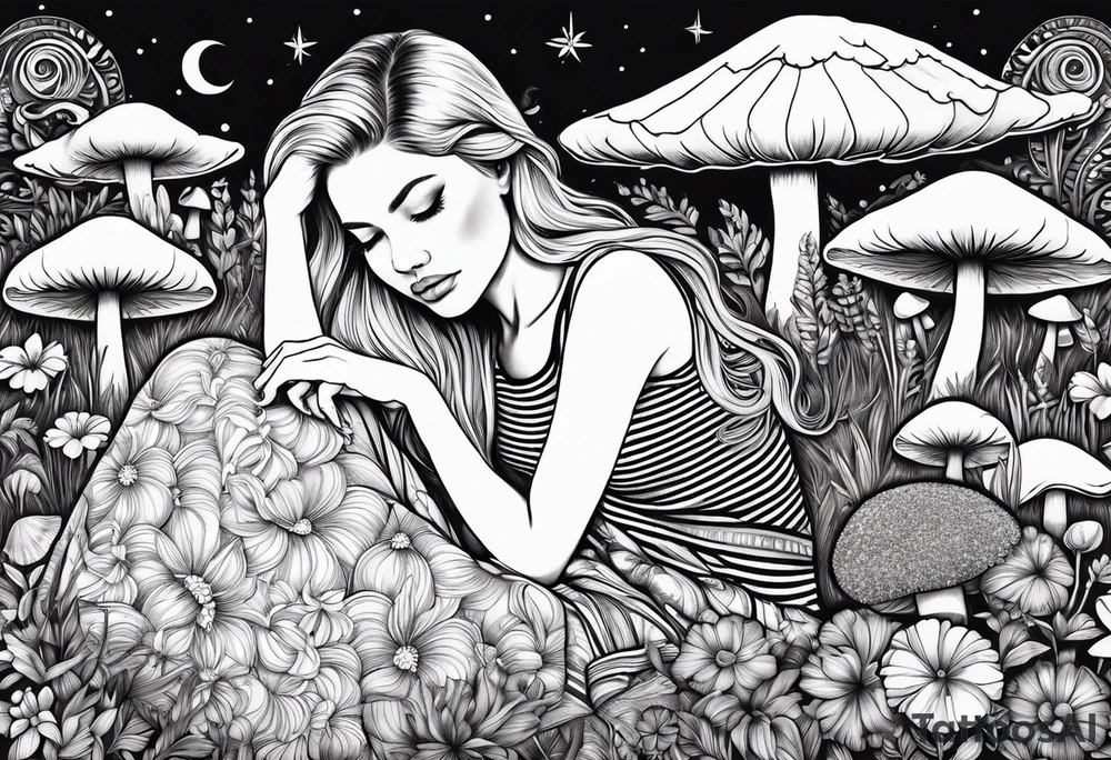 Straight blonde hair girl in black and white striped dress sleeping in a field of mushrooms with mountains s
and crescent moon mandala background tattoo idea