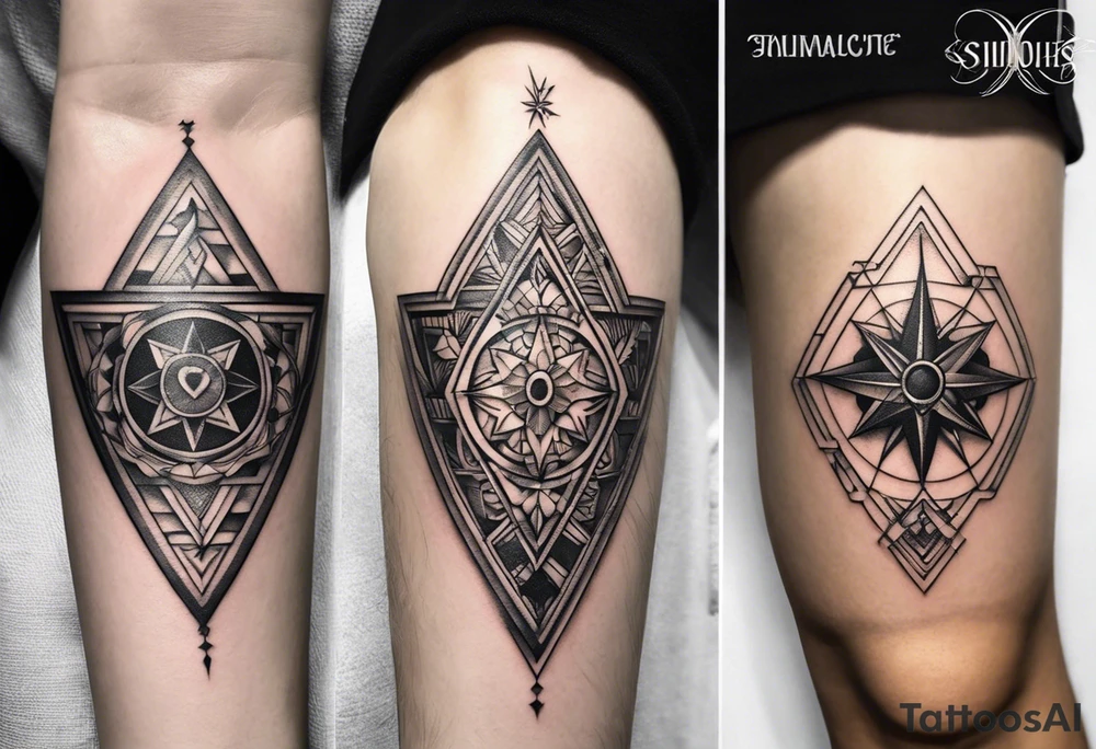 Fine line tattoo in the left forearm on the bottom side. The tattoo will have three shapes placed in a triangle formation. The top shape will be a geometric heart that symbolizes health. The bottom left will have a compass rose as a symbol for purpose. The bottom right will have three circles placed in a triangle formation to symbolize family. Tattoo should be minimalist with just the shapes filled in and no ornaments tattoo idea
