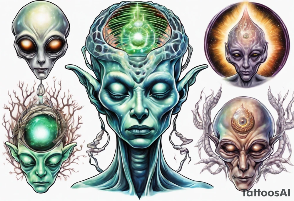 A realistic depiction of a meditating alien and energy flowing from their pineal gland tattoo idea