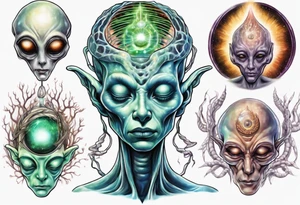 A realistic depiction of a meditating alien and energy flowing from their pineal gland tattoo idea