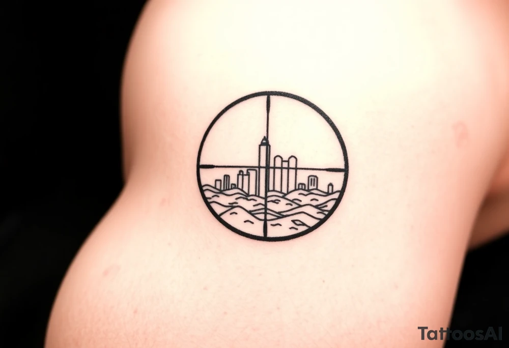 scope crosshairs with eerie Los Angeles city horizon in background tattoo idea