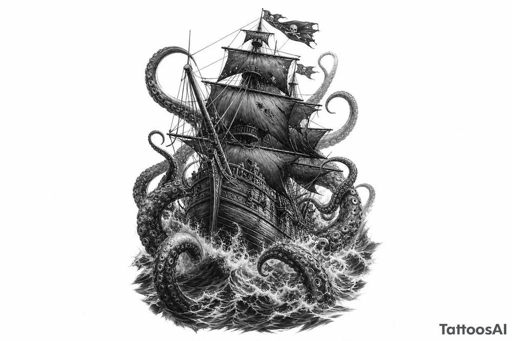 Black and grey pirate ship battling kraken tentacles, dark ocean, dramatic lighting. tattoo idea
