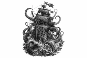 Black and grey pirate ship battling kraken tentacles, dark ocean, dramatic lighting. tattoo idea