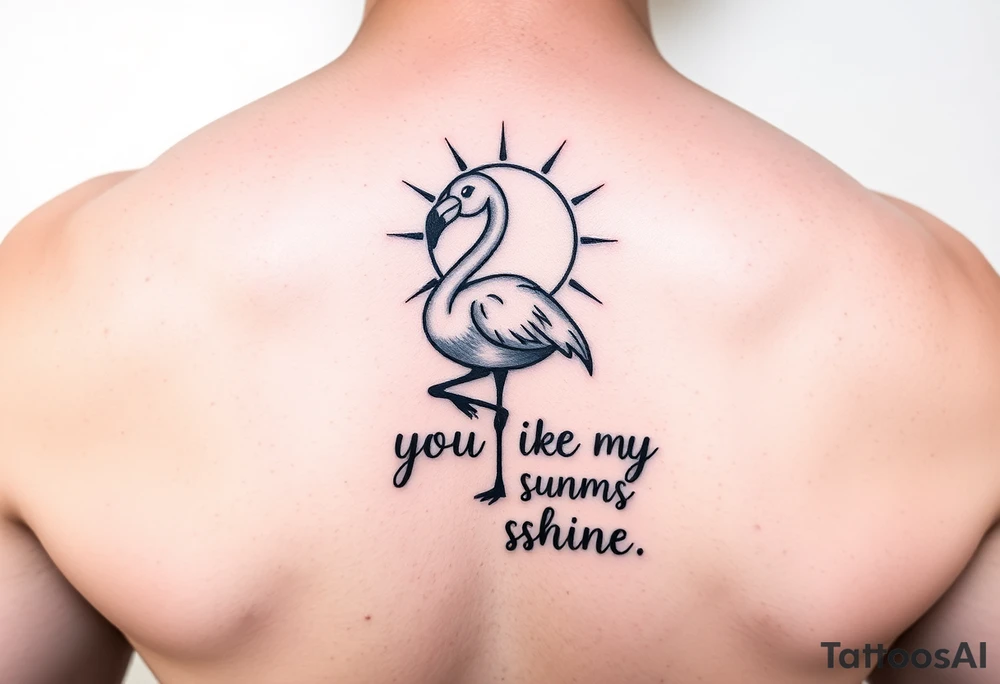 Cute cartoonish Flamingo with a sun and the saying you are my sunshine with colors tattoo idea