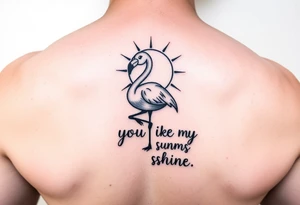 Cute cartoonish Flamingo with a sun and the saying you are my sunshine with colors tattoo idea