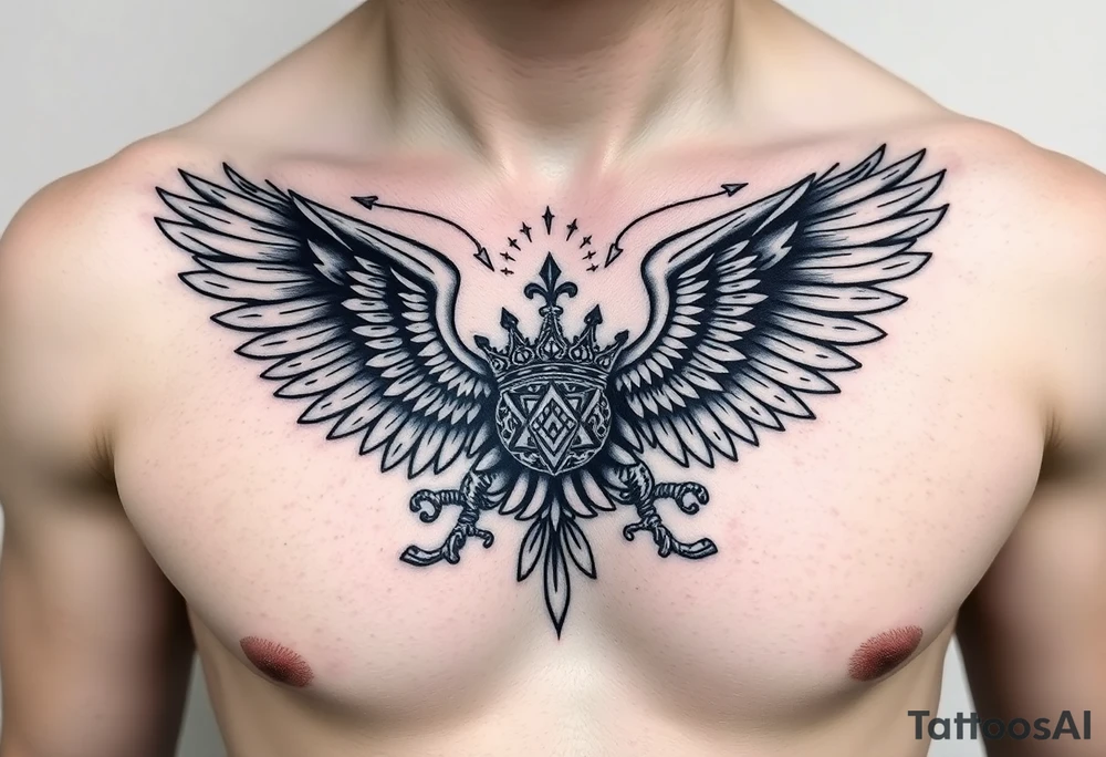 Chest tattoo,powerful two symetrical majestic eagles, surrounded by lure ornaments , between eagles a crown tattoo idea