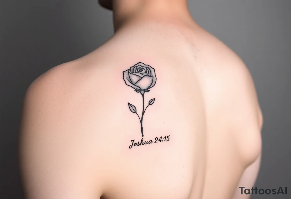 fine-line rose on my inner wrist, with the stem flowing down into the word Joshua 24:15 in tiny clean text underneath. Blessed added tattoo idea