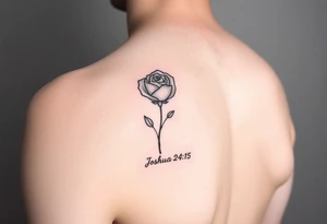fine-line rose on my inner wrist, with the stem flowing down into the word Joshua 24:15 in tiny clean text underneath. Blessed added tattoo idea
