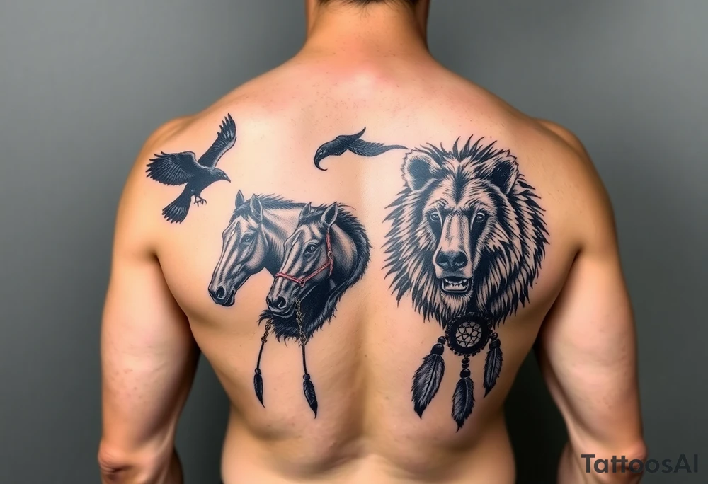 Native American 3/4 sleeve with black and grey realism featuring a raven, wild horses, a grizzly with scars over his eyes, and a dream catcher tattoo idea