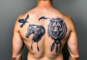 Native American 3/4 sleeve with black and grey realism featuring a raven, wild horses, a grizzly with scars over his eyes, and a dream catcher tattoo idea