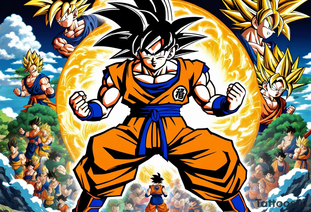 Son-Goku as a super saiyajin . A huge dragonball surrounds the whole scenery. Gokus friends are surrounding him as shadows tattoo idea