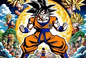 Son-Goku as a super saiyajin . A huge dragonball surrounds the whole scenery. Gokus friends are surrounding him as shadows tattoo idea