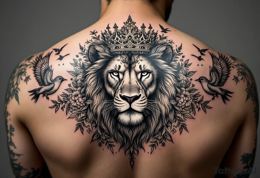 powerful majestic lion with a crown, surrounded by floral ornaments and birds tattoo idea