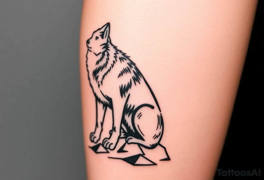 black wolf, sitting rooted waiting to be unleashed on lower leg tattoo idea