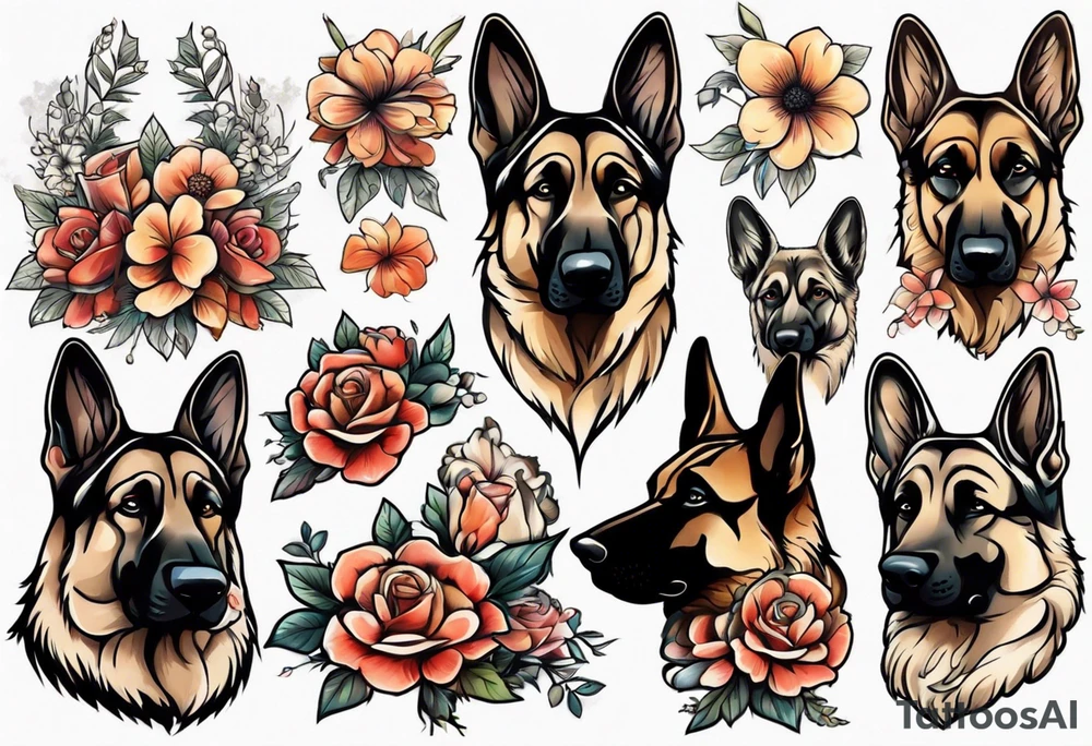 German shepherd portrait flowers tattoo idea